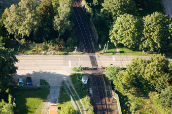 Aerial photograpy of Routing the railway junction of rail and track systems Deutsche Bahn in Karlsruhe in the state Baden-Wurttemberg