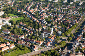 Aerial view of Rüppur, Catholic Christ the King Church in the district Rüppurr in Karlsruhe in the state Baden-Wuerttemberg, Germany
