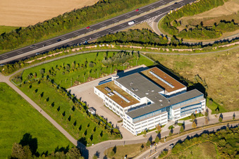Aerial view of Office building of Physik Instrumente (PI) GmbH & Co. KG at the A8 in the district Palmbach in Karlsruhe in the state Baden-Wurttemberg, Germany