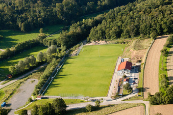 Drone recording of Pneuhage Stadium in the district Auerbach in Karlsbad in the state Baden-Wuerttemberg, Germany