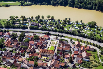Aerial view of Village on the river bank areas Neckar in the district Moertelstein in Binau in the state Baden-Wurttemberg