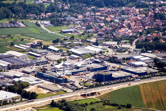 Oblique view of Technology Museum with Tupolev and Concorde in the district Steinsfurt in Sinsheim in the state Baden-Wuerttemberg, Germany