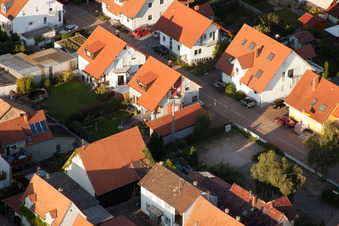 In the stork's nest in Erlenbach bei Kandel in the state Rhineland-Palatinate, Germany from above