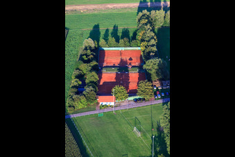 Aerial view of Sports fields SV1946 and TC in Minfeld in the state Rhineland-Palatinate, Germany