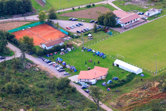 Aerial photograpy of Sports festival at the football field Steinweiler in Steinweiler in the state Rhineland-Palatinate, Germany