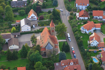 Aerial view of Catholic Church of St. Michael in Insheim in the state Rhineland-Palatinate, Germany
