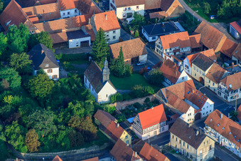 Aerial view of Protest. Church at the cemetery in Impflingen in the state Rhineland-Palatinate, Germany