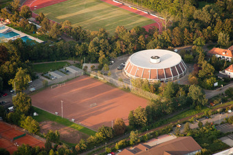 Aerial view of Jahnsportplatz Stadium and Rundsporthalle in Landau in der Pfalz in the state Rhineland-Palatinate, Germany