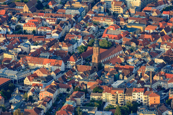 Aerial view of City center from the southwest with the Protestant Collegiate Church in Landau in der Pfalz in the state Rhineland-Palatinate, Germany