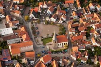 Aerial view of Church building in the village of in Godramstein in the state Rhineland-Palatinate, Germany