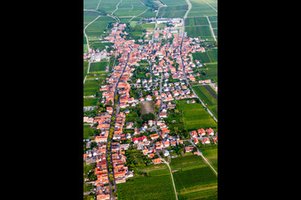 Aerial photograpy of Village - view on the edge of agricultural fields and farmland in Rhodt in the state Rhineland-Palatinate, Germany