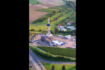 Aerial photograpy of Construction site for the 2nd drilling at the geothermal plant on the A65 in Insheim in the state Rhineland-Palatinate, Germany