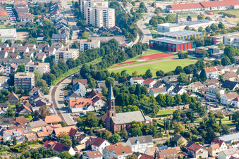 Aerial view of Church building Ev. Kirche Linkenheim in the district Linkenheim in Linkenheim-Hochstetten in the state Baden-Wurttemberg, Germany