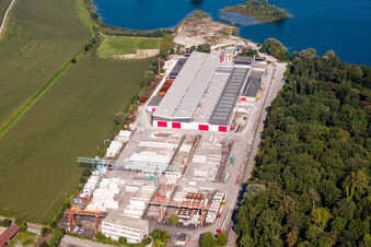Aerial photograpy of Mixed concrete and building materials factory of Betonfertigteilewerk Linkenheim GmbH & Co. KG in Linkenheim-Hochstetten in the state Baden-Wurttemberg, Germany