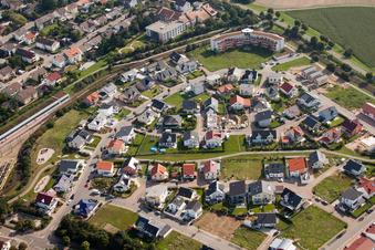 Aerial view of Linkenheim, Europaring in the district Hochstetten in Linkenheim-Hochstetten in the state Baden-Wuerttemberg, Germany