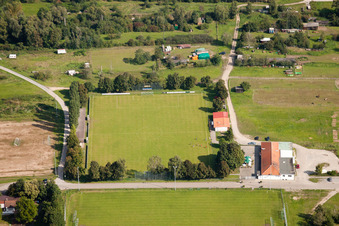 Aerial view of TV 1896 eV, sports fields, The Olive in the district Spöck in Stutensee in the state Baden-Wuerttemberg, Germany