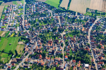 Aerial photograpy of View of the town from the west in the district Staffort in Stutensee in the state Baden-Wuerttemberg, Germany