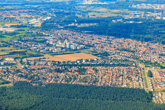 City view from the east in the district Neureut in Karlsruhe in the state Baden-Wuerttemberg, Germany