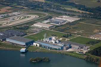 Aerial view of Oberwald industrial area, Palm paper mill in Wörth am Rhein in the state Rhineland-Palatinate, Germany