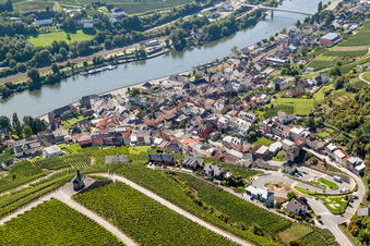Aerial view of Village on the river bank areas of the river Mosel in Wormeldange in Grevenmacher, Luxembourg