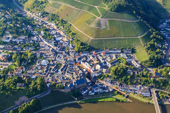 Aerial view of Old town under the vineyards in the district Beurig in Saarburg in the state Rhineland-Palatinate, Germany