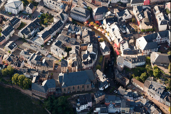Aerial photograpy of Village on the river bank areas of the Saar in Saarburg in the state Rhineland-Palatinate