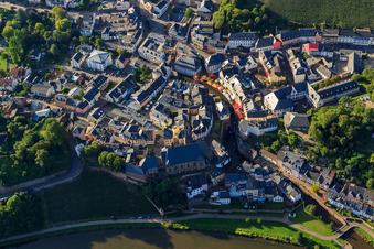 Aerial view of Old Town and St. Laurentius on the banks of the Saar in the district Beurig in Saarburg in the state Rhineland-Palatinate, Germany