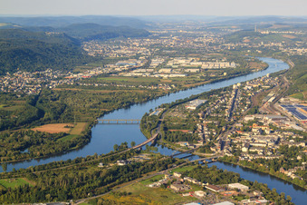 Aerial view of Saar estuary into the Moselle in Konz in the state Rhineland-Palatinate, Germany