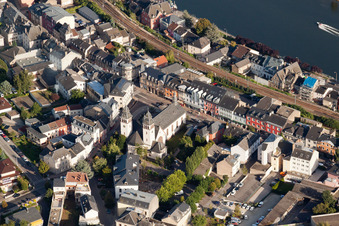 City center with railway in the downtown area on the banks of river course of the Mosel in Wasserbillig in Grevenmacher, Luxembourg
