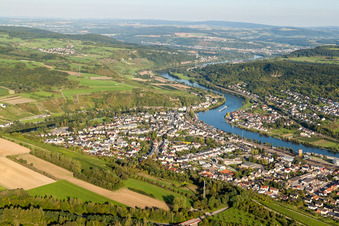 Aerial view of Riparian areas along the river mouth of Sauer in die Mosel in Wasserbillig in Grevenmacher, Luxembourg