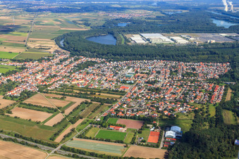 Aerial view of Village in front of the Daimler / Mercedes Benz GLC on the island of Green in Lingenfeld in the state Rhineland-Palatinate, Germany
