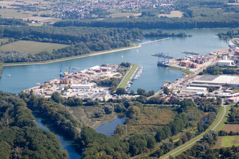 Aerial view of Quays and boat moorings at the port of the inland port of the Rhine river in Germersheim in the state Rhineland-Palatinate