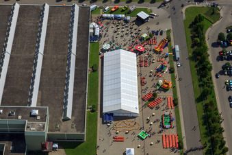 Aerial view of Daimler / Mercedes-Benz Global Logistics Center GLC on the island of Grün in Germersheim in the state Rhineland-Palatinate, Germany