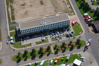 Oblique view of Daimler / Mercedes-Benz Global Logistics Center GLC on the island of Grün in Germersheim in the state Rhineland-Palatinate, Germany
