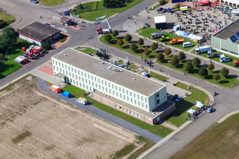 Drone image of Daimler / Mercedes-Benz Global Logistics Center GLC on the island of Grün in Germersheim in the state Rhineland-Palatinate, Germany