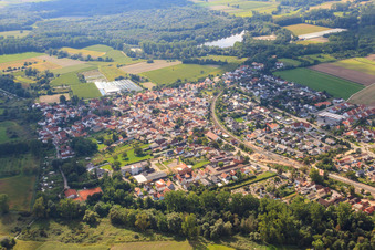 Aerial view of Railway line through the village in the district Sondernheim in Germersheim in the state Rhineland-Palatinate, Germany