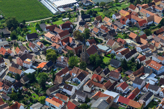 Aerial view of Catholic Church of St. John the Baptist in the district Sondernheim in Germersheim in the state Rhineland-Palatinate, Germany