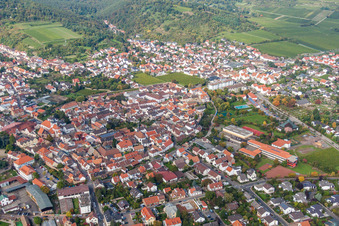 Aerial photograpy of Town View of the streets and houses of the residential areas in Wachenheim an der Weinstrasse in the state Rhineland-Palatinate, Germany