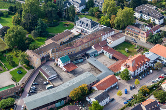 Buildings and parks at the mansion of the wine cellar Weingut Dr. Buerklin-Wolf in Wachenheim an der Weinstrasse in the state Rhineland-Palatinate, Germany from the plane