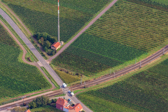 Aerial photograpy of Crossing at Friedelsheim station in Friedelsheim in the state Rhineland-Palatinate, Germany