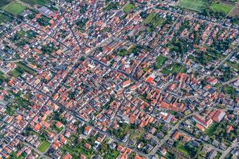 Aerial view of Town View of the streets and houses of the residential areas in Weisenheim am Sand in the state Rhineland-Palatinate, Germany