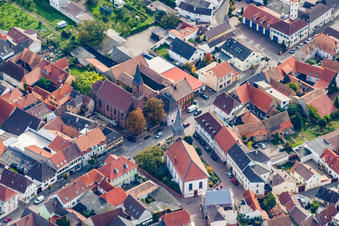 Aerial view of Two Church building in the village of in Weisenheim am Berg in the state Rhineland-Palatinate, Germany