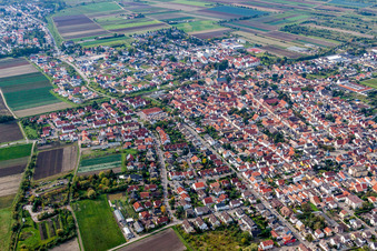 Oblique view of Town View of the streets and houses of the residential areas in Lambsheim in the state Rhineland-Palatinate, Germany