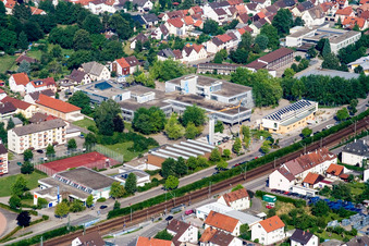Drone image of School building of the Ludwig-Marum-Gymnasium Pfinztal in the district Berghausen in Pfinztal in the state Baden-Wurttemberg