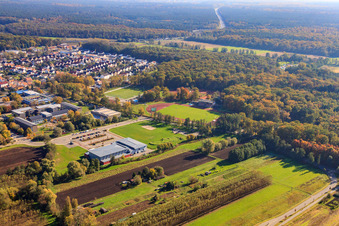 Bird's eye view of Bienwald Stadium in Kandel in the state Rhineland-Palatinate, Germany