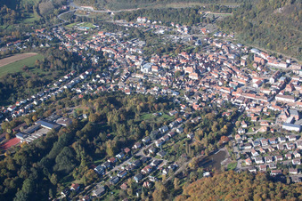 Annweiler am Trifels in the state Rhineland-Palatinate, Germany seen from a drone