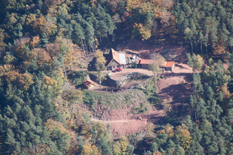 Aerial view of Building of the hostel Jung-Pfalz-Hut in Annweiler am Trifels in the state Rhineland-Palatinate