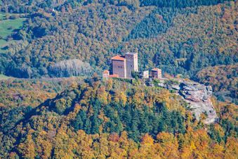 Trifels Castle in the district Bindersbach in Annweiler am Trifels in the state Rhineland-Palatinate, Germany seen from above