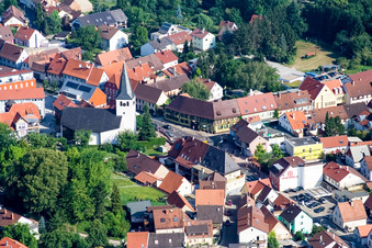 Aerial view of St. Martin's Church in the district Berghausen in Pfinztal in the state Baden-Wuerttemberg, Germany
