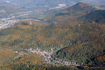 Aerial view of The 3 castles in the district Bindersbach in Annweiler am Trifels in the state Rhineland-Palatinate, Germany